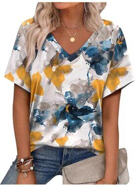 Womens V Neck Short Sleeve Top Casual Basic Stretch Blouse Summer Tunic Tee